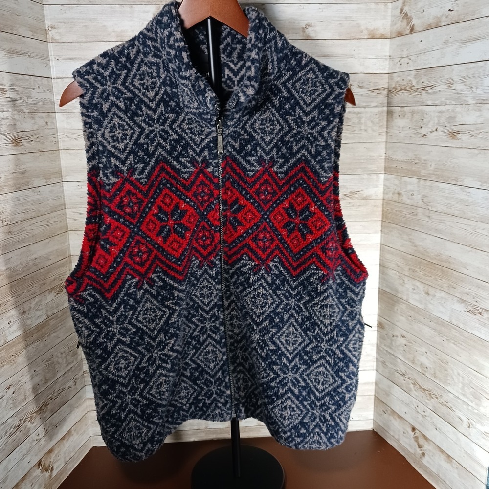 Marker Men's Fleece Vest-Full Zip-Zip Pockets-Size M-Gray and Red Snowflake Patt